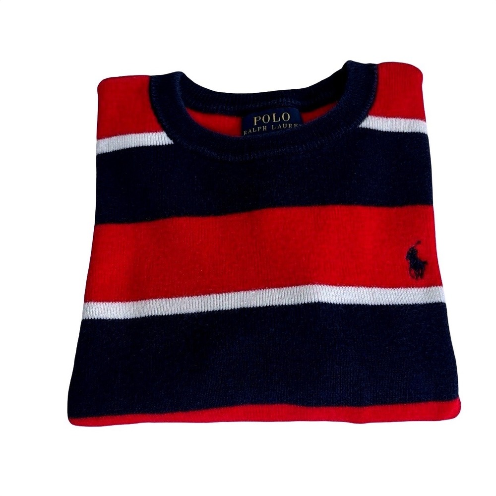 Polo Ralph Lauren Boys Red Navy Blue White Striped Cotton Knit Sweater Size 5